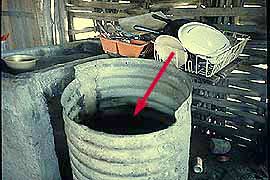 Water storage tank in kitchen for washing dishes.